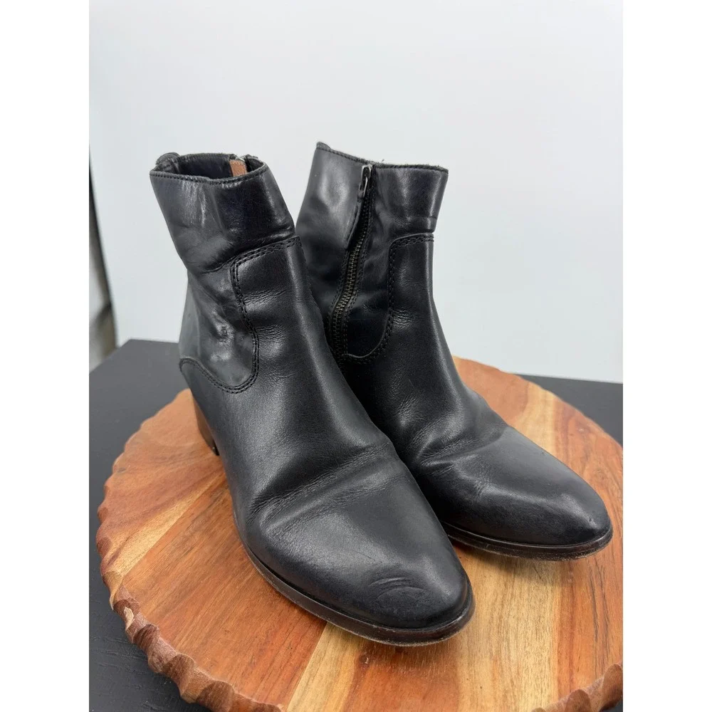 Frye Ankle Boots Women Size 8 Black Leather Pointed Toe Block Heel Zip